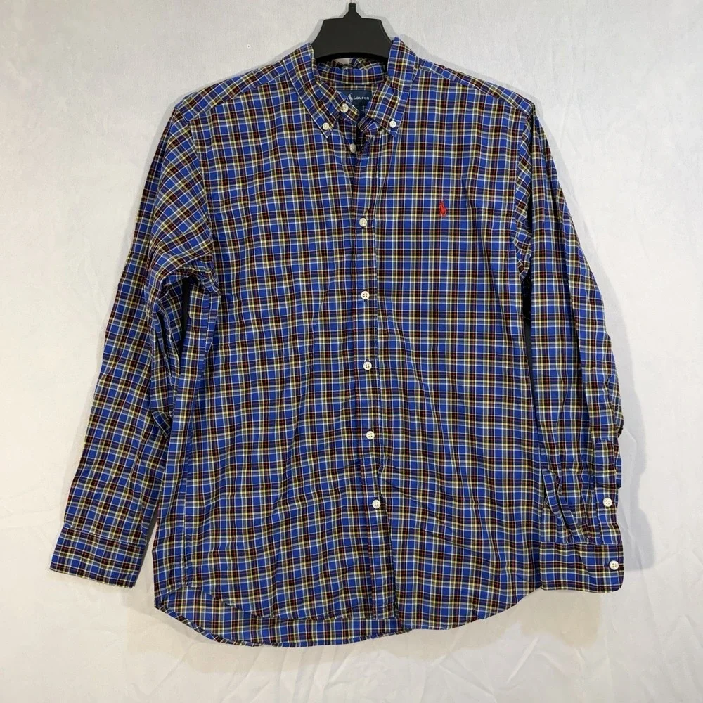 Ralph Lauren Boys Plaid Red Pony Long Sleeve Button‎ Up Blue Check Stripes XL